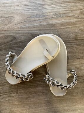 Rebecca Minkoff Ivory Slide Sandals with Silver Chain